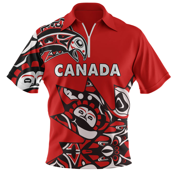 Canada Zip Polo Shirt Canada Maple Leafs Haida Spirit Pattern