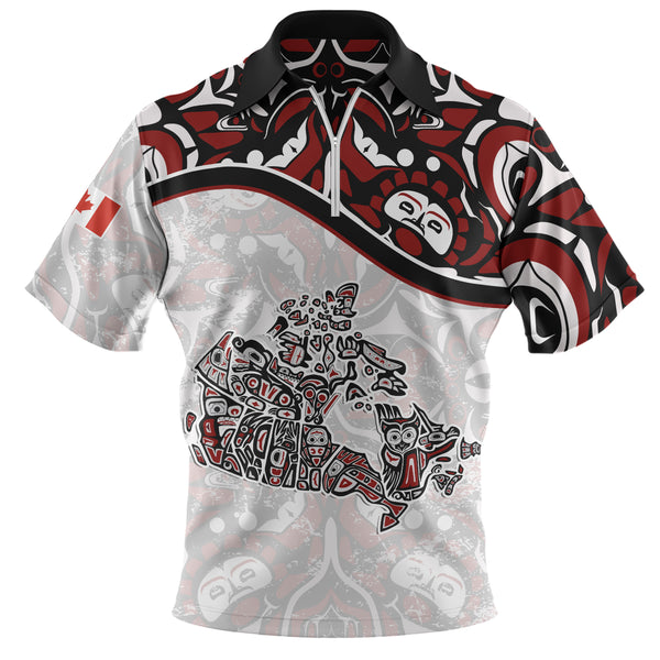 Canada Zip Polo Shirt The True North Totem Map Haida Edition