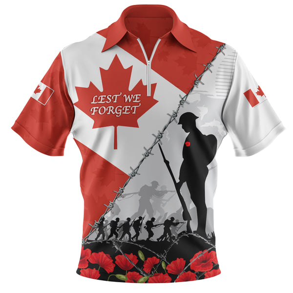 Canada Zip Polo Shirt Remembrance Day Poppy Flower And Barbed Wire