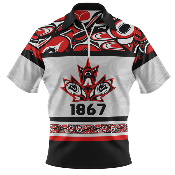Canada Zip Polo Shirt Haida Indigenous Maple Legacy 1867